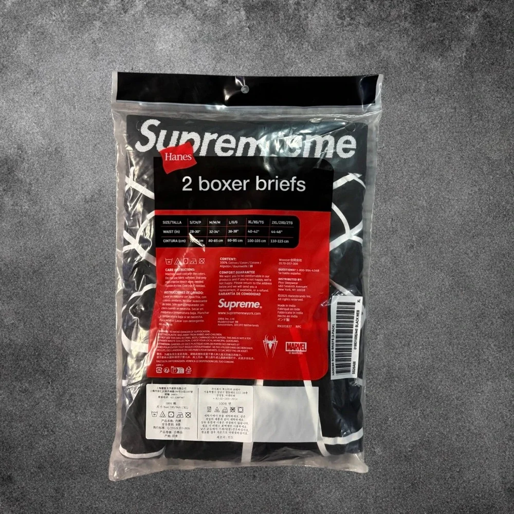 Supreme Hanes Spider-Man Boxer Briefs Mens XL Black Web 2-Pack SS26A66 NWT New